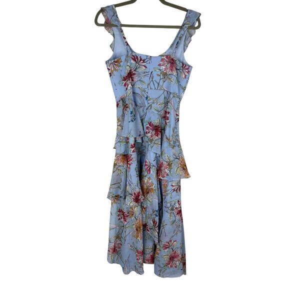 BCBGMAXAZRIA Asymmetric Midi Dress Tiered Ruffle Floral Party Garden Hoco Blue 2 - Picture 5 of 10